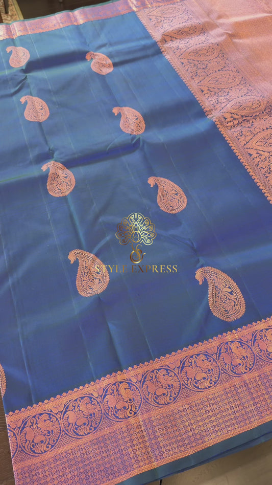PEACOCK BLUE ROSE GOLD ZARI HANDLOOM KANICHIPURAM SILK SAREE (KSS230)