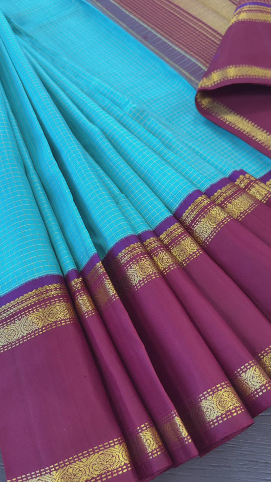 TURQUOISE BLUE KATTAM RETTA PETTA GOLD ZARI HANDLOOM PURE KANICHIPURAM SILK SAREE (KSS225)