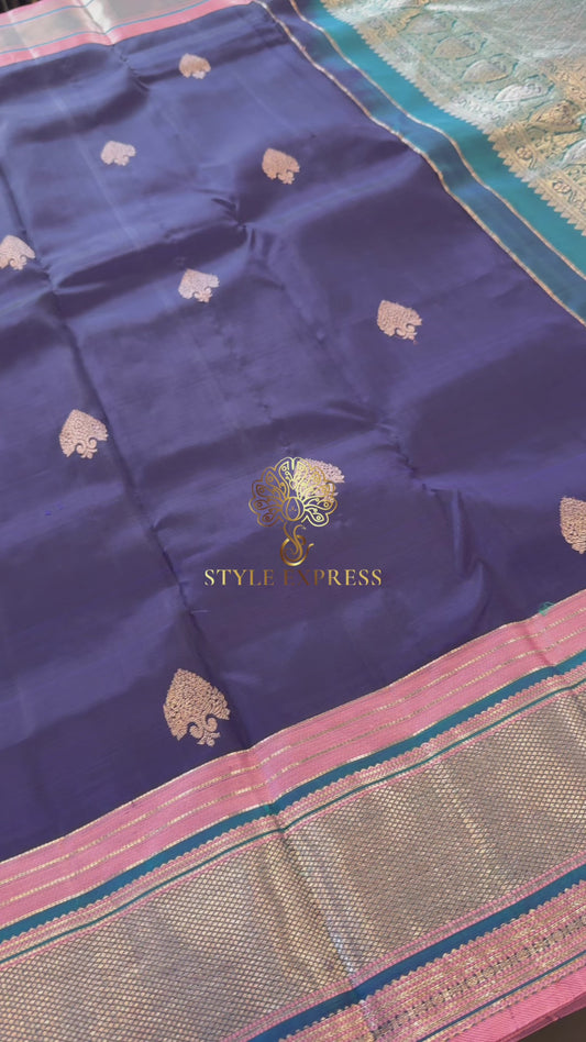 DARK BLUE CONTRAST GOLD ZARI HANDLOOM KANICHIPURAM SILK SAREE (KSS125)