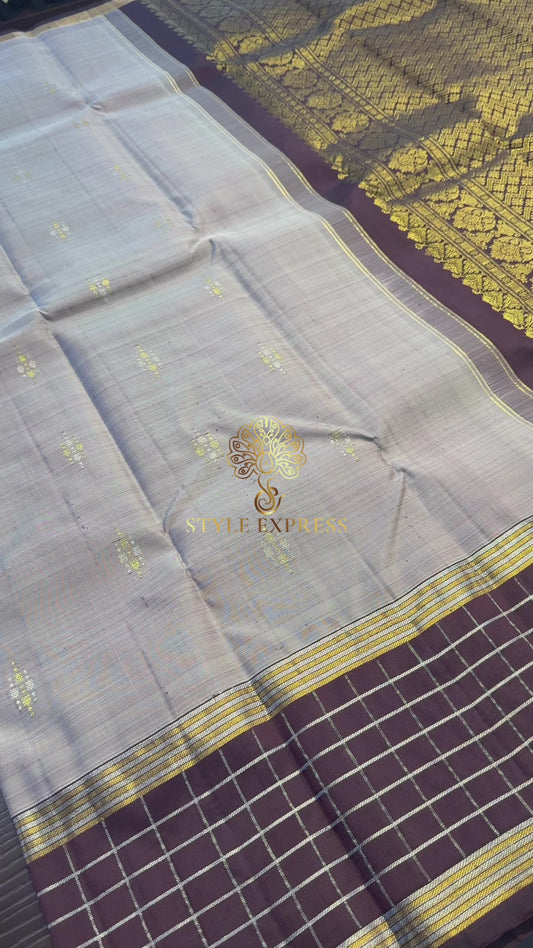 COFFEE GREY RUST WITH CHECKED COFFEE COLOURED BORDER SILVER KATTAM & GOLD ZARI HANDLOOM KANICHIPURAM SILK SAREE (KSS256)