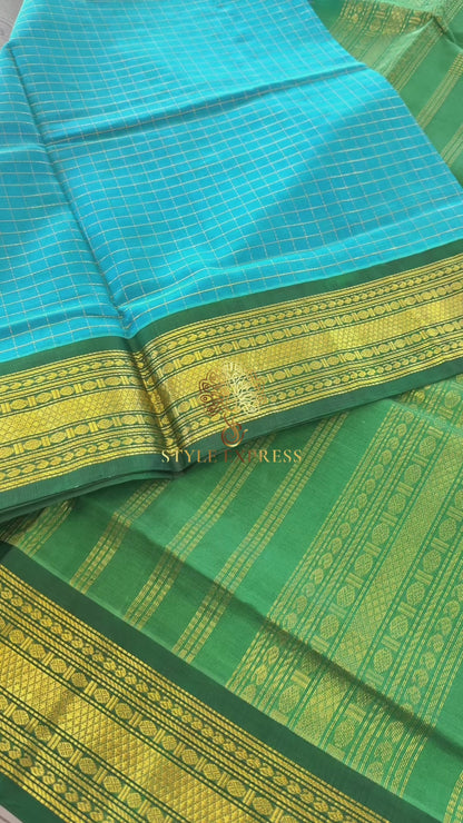 DUAL TONE TURQUOISE BLUE AND GREEN HANDLOOM KANCHIPURAM SILK COTTON (KSC37)