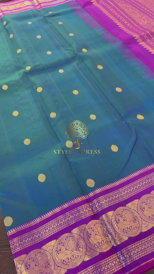 PEACOCK BLUE CONTRAST PURPLE GOLD ZARI HANDLOOM KANICHIPURAM SILK SAREE (KSS188)