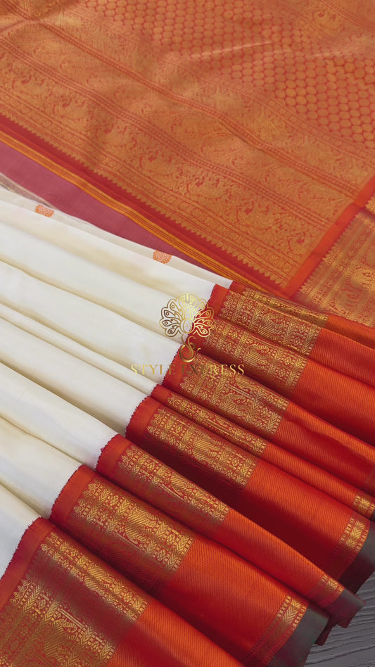 TRADITIONAL PURE ZARI WHITE AND ORANGE HANDLOOM KANICHIPURAM SILK SAREE (KSS204)