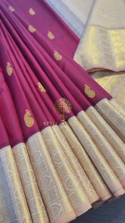 MAROON WITH CONTRAST BEIGE GOLD ZARI HANDLOOM KANICHIPURAM SILK SAREE (KSS264)
