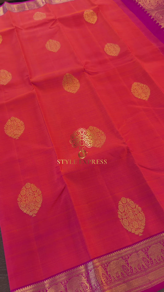 DUAL TONE ORANGE PINK GOLD ZARI HANDLOOM KANICHIPURAM SILK SAREE (KSS209)