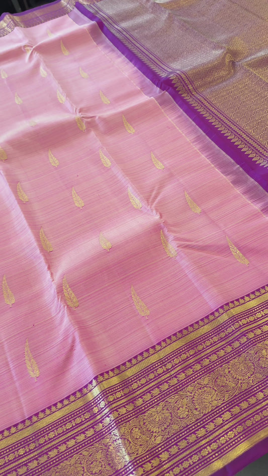 PASTEL PINK WITH PURPLE GOLD ZARI HANDLOOM KANICHIPURAM SILK SAREE (KSS243)