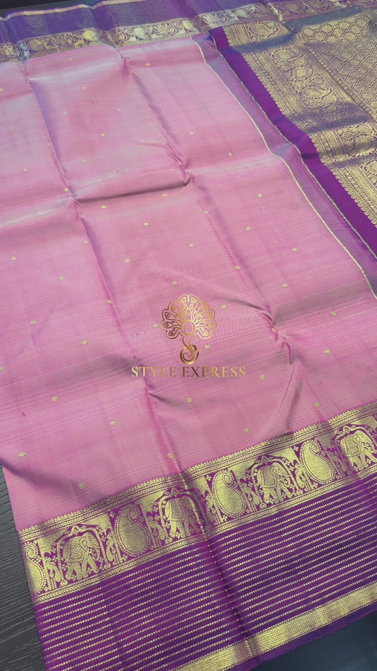 DUAL TONE PASTEL PINK WITH VADAMALLI PURPLE GOLD ZARI HANDLOOM KANICHIPURAM SILK SAREE (KSS244)