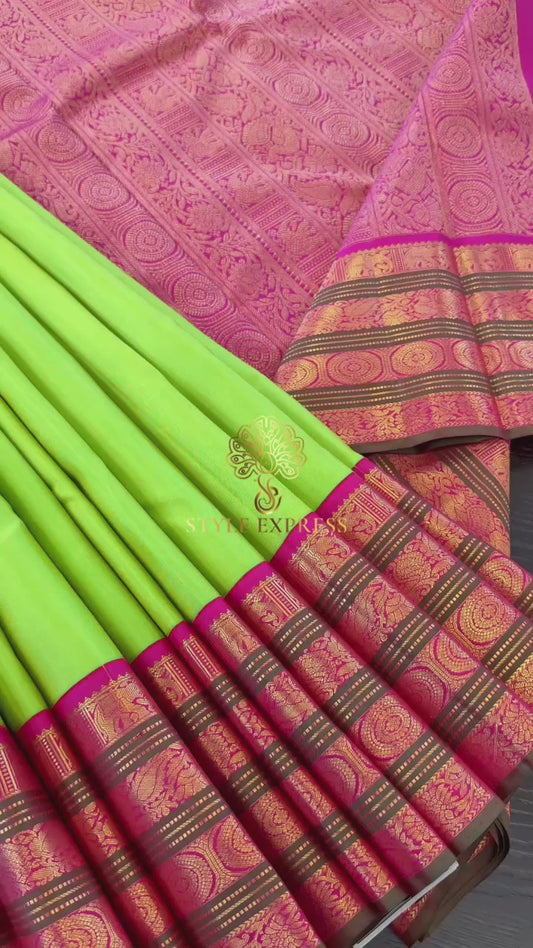 PARROT GREEN WITH RANI PINK CONTRAST HANDLOOM KANICHIPURAM SILK SAREE (KSS201)