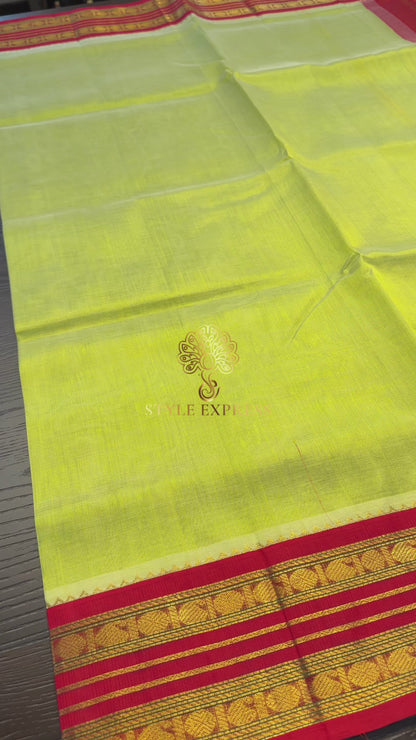 LIGHT LEMON YELLOW WITH CONTRAST RED KANCHIPURAM SILK COTTON (KSC20)