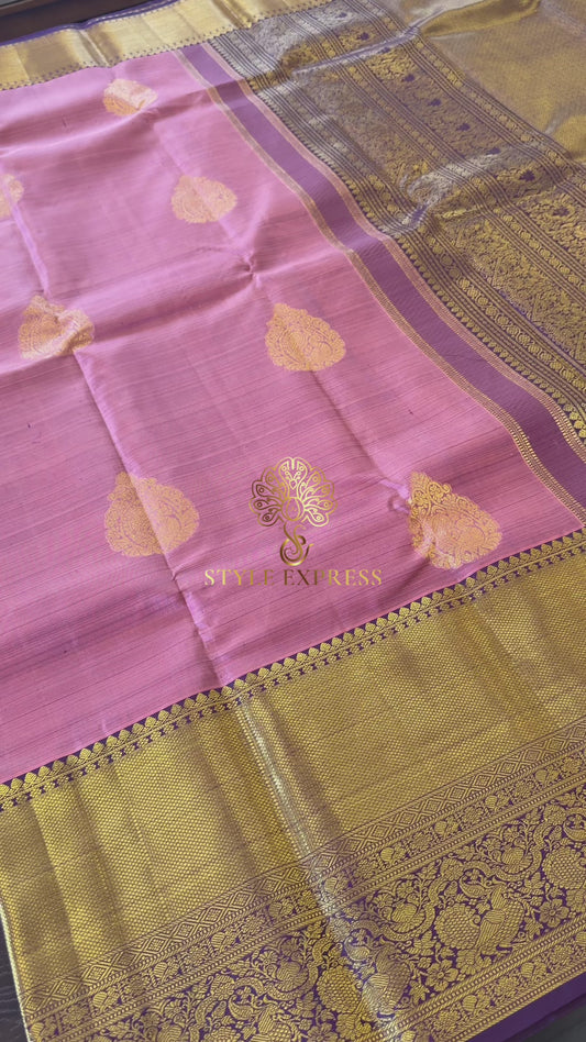 ROSE GOLD WITH CONTARST DARK BYZANTIUM GOLD ZARI HANDLOOM KANICHIPURAM SILK SAREE (KSS58)
