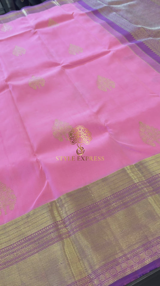 CARNATION PINK WITH PURPLE GOLD ZARI HANDLOOM KANICHIPURAM SILK SAREE (KSS61)