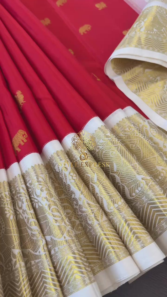 CRIMSON RED WITH CONTRAST WHITE BORDER HANDLOOM KANICHIPURAM SILK SAREE (KSS232)