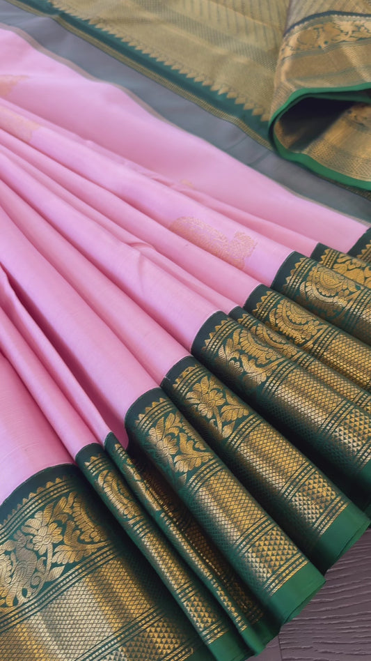BABY PINK WITH CONTRAST BOTTLE GREEN HANDLOOM PURE KANICHIPURAM SILK SAREE (KSS43)