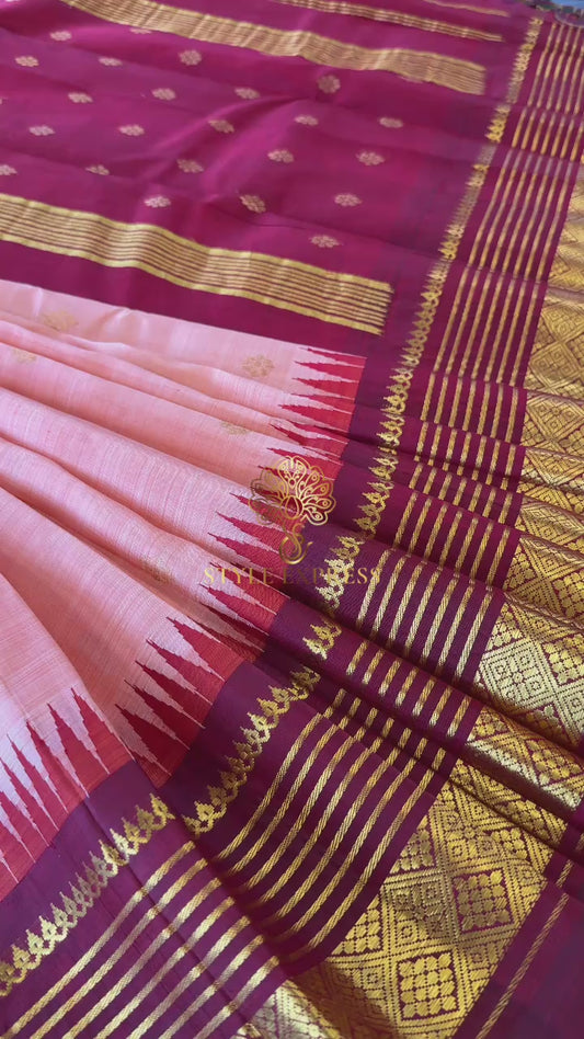 PEACH WITH CONTRAST MAROON PURE HANDLOOM KANICHIPURAM SINGLE SIDE BORDER SILK SAREE (KSSB03)